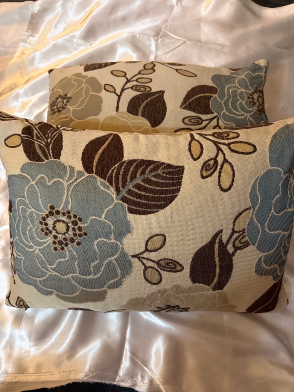Floral Accent Pillow Pair in Blue, Cream, and Brown